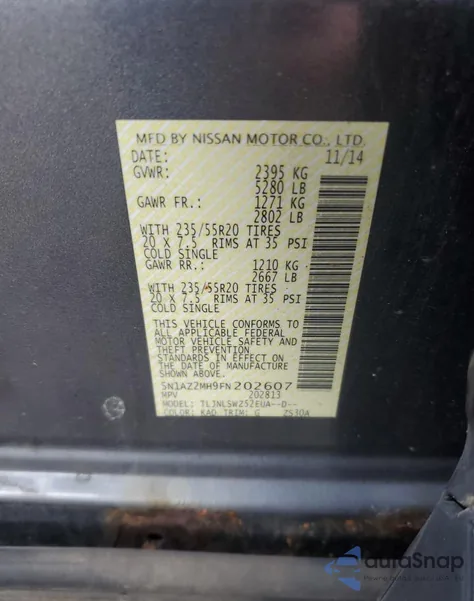 2015 Nissan Murano S из США, поврежденный, VIN 5N1AZ2MH9FN202607